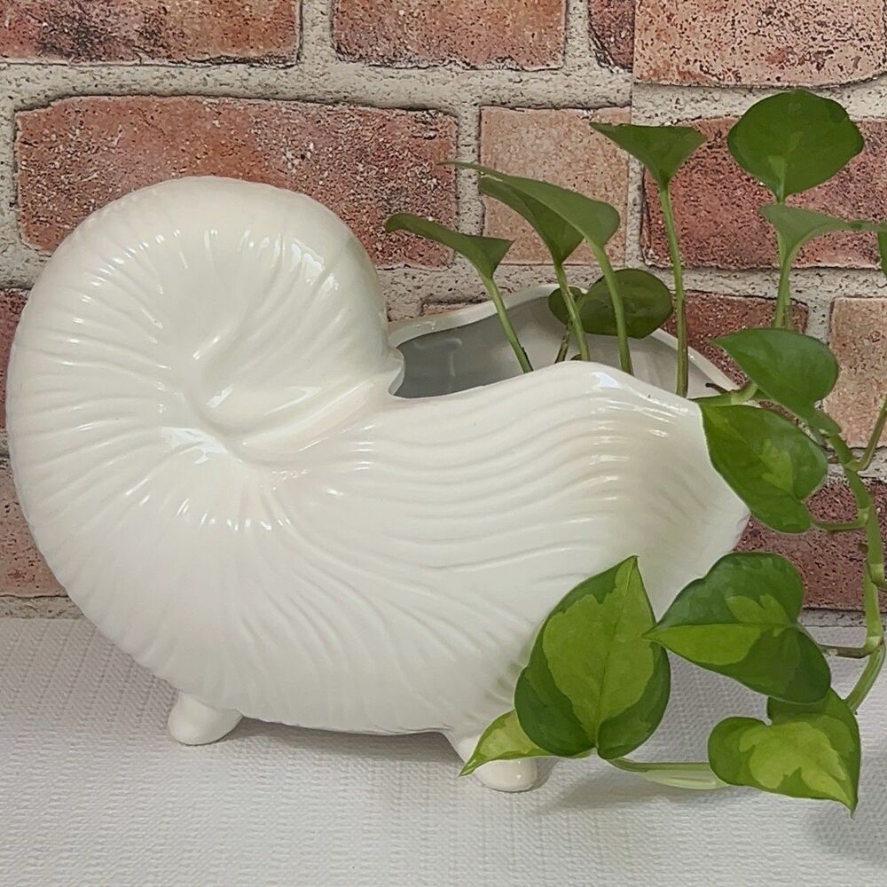 Vintage Pottery Nautilus Shell Planter White MCM Coastal Beach House Decor Vase